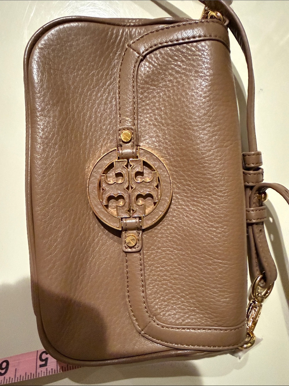 Tory Burch Taupe Pebbled Leather Crossbody with Logo Medallion